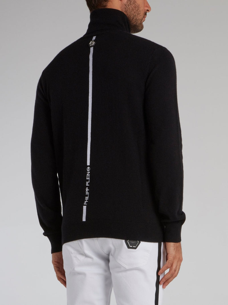 Black Logo Embroidered Turtleneck Top