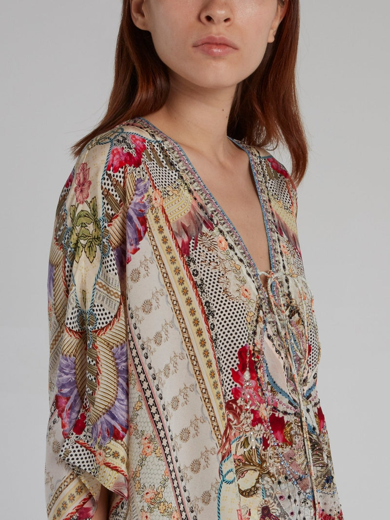 Lace Up Flounce Silk Short Kaftan