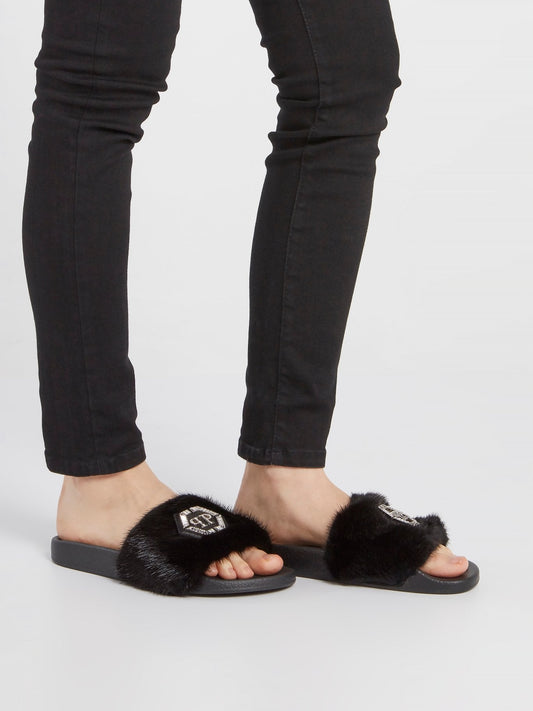 Black Crystal Monogram Fur Slides