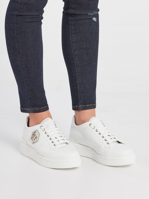 White Crystal Monogram Leather Sneakers