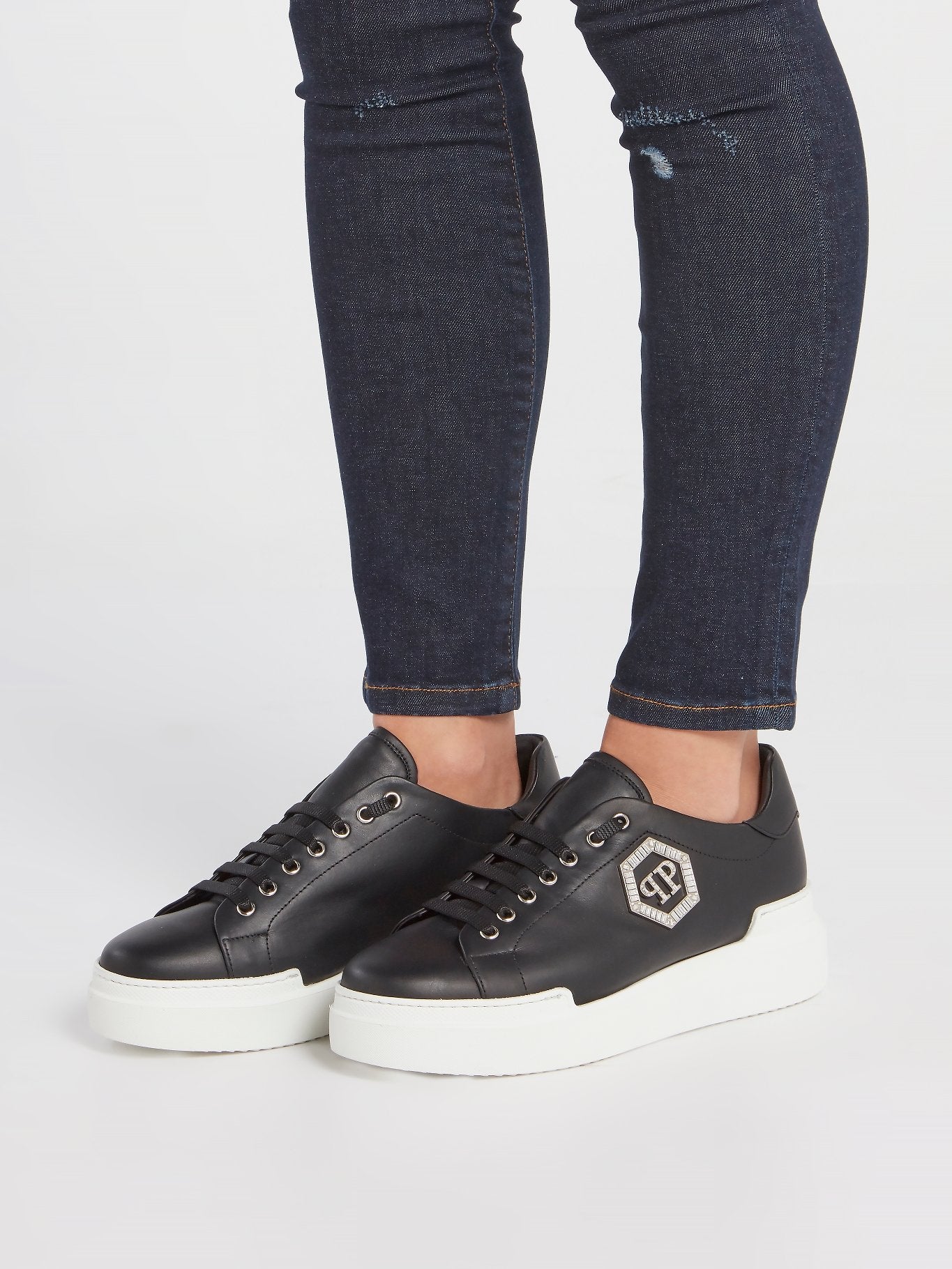 Black Crystal Monogram Leather Sneakers