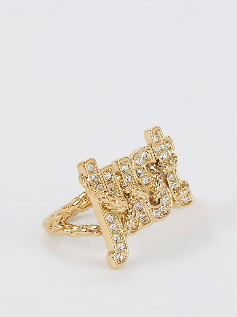 Gold Crystal Studded Monogram Ring - Size 6