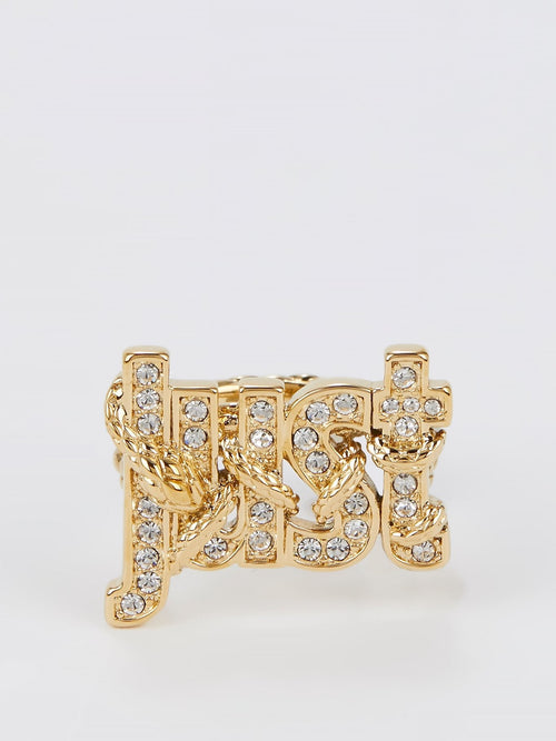 Gold Crystal Studded Monogram Ring - Size 6