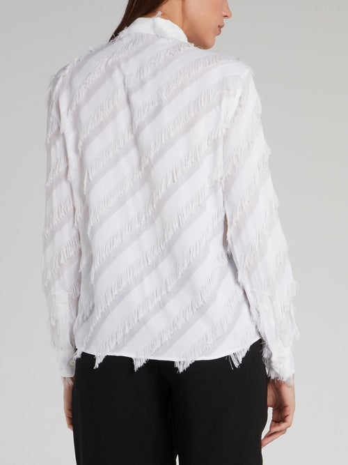 White Diagonal Striped Tassel Shirt