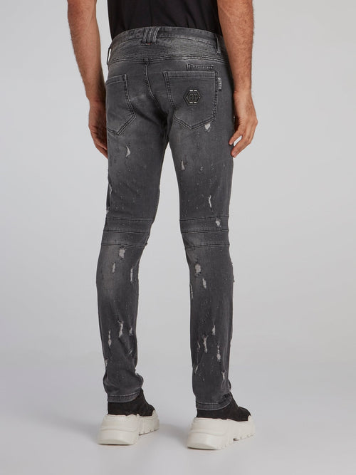 Grey Distressed Biker Jeans