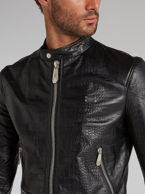 Crocodile Effect Leather Moto Jacket