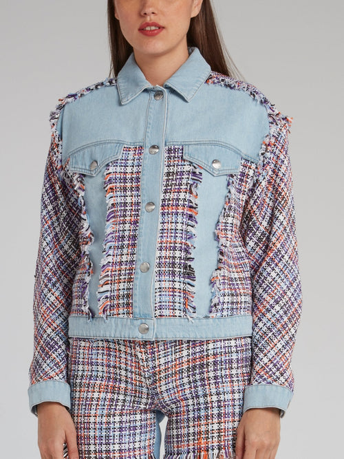 Tweed Panel Frayed Denim Jacket