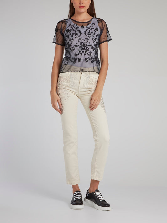 Snake Effect Embellished Capri Jeans