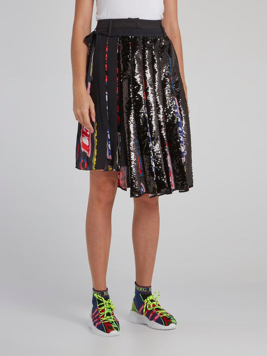 Black Pleated Sequin Asymmetric Skirt