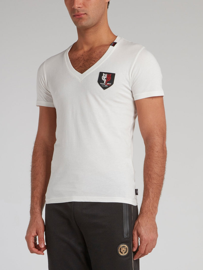 White Appliquéd V-Neck T-Shirt