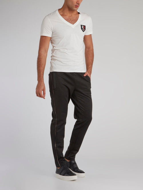 White Appliquéd V-Neck T-Shirt