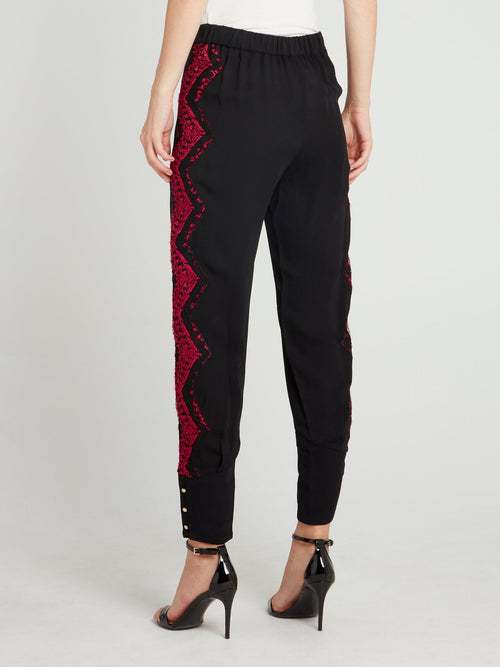 Black Lace Detail Tapered Pants