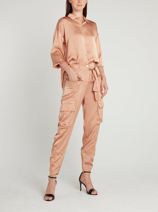 Peach Tie Front Cargo Pants