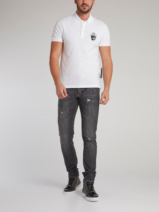 White Skull Embroidered Polo Shirt