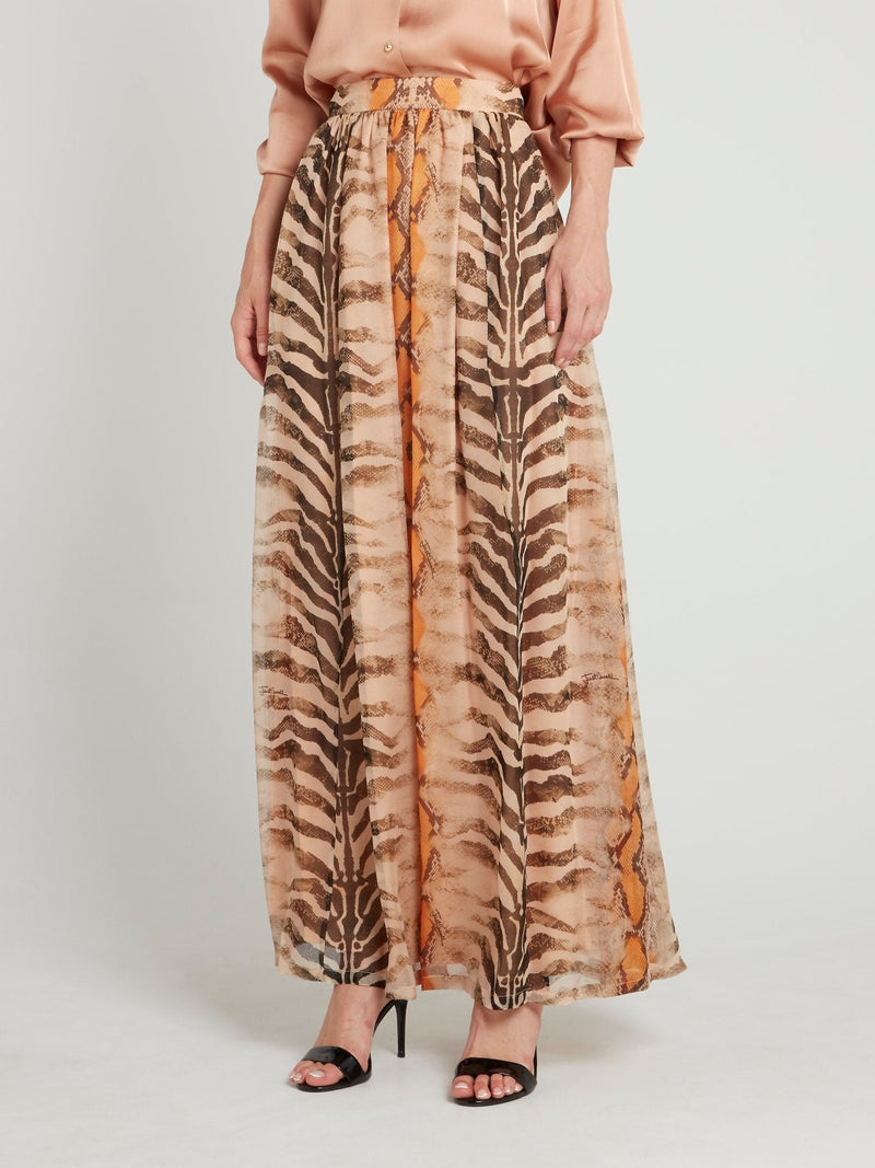 Beige Animal Print Silk Skirt