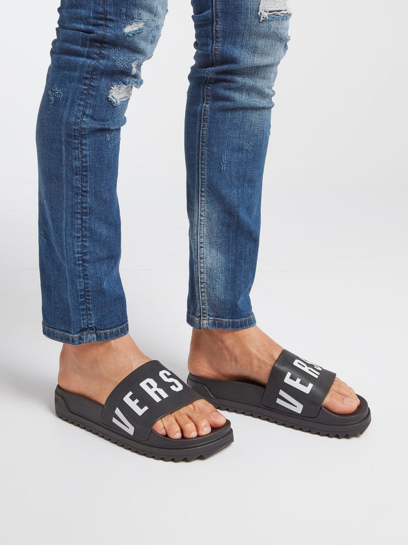 Black Logo Footbed Sandals