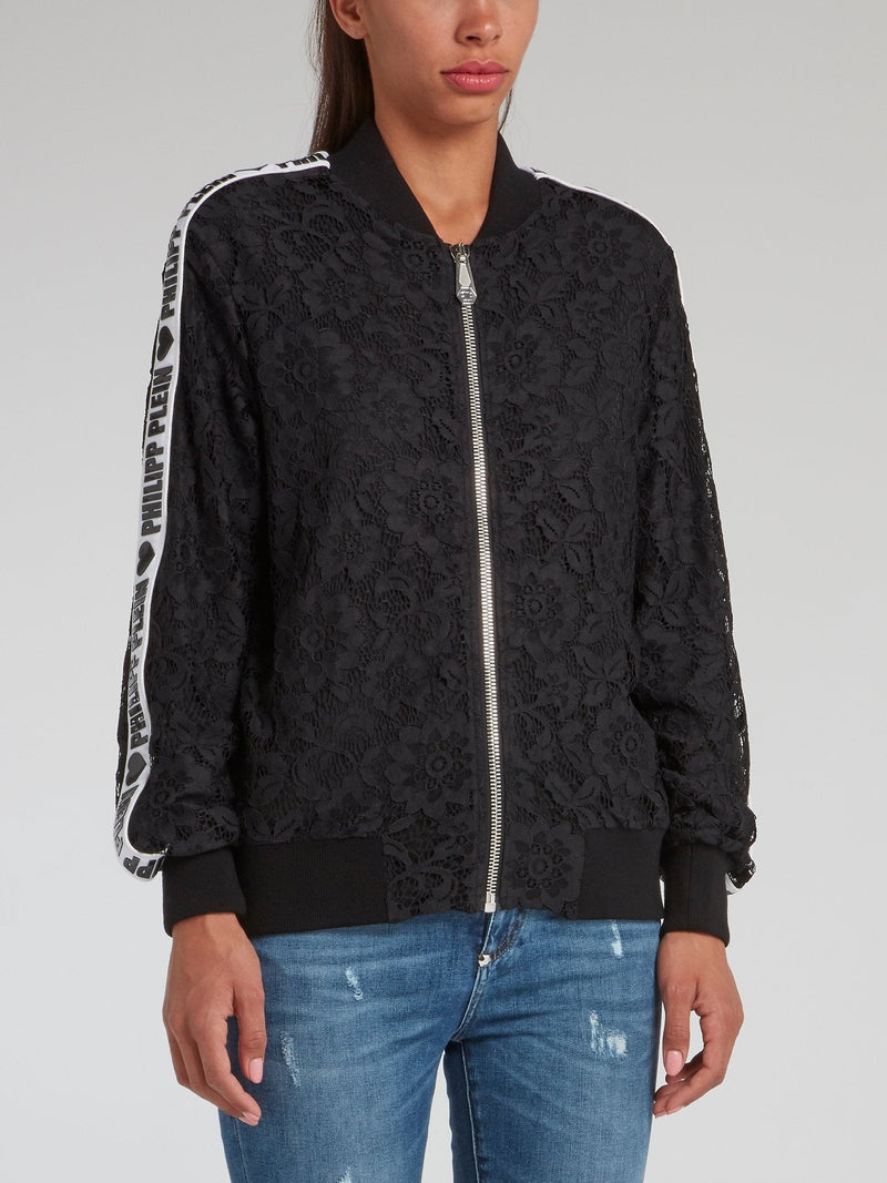 Black Logo Tape Lace Bomber Jacket