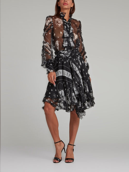 Black Stars and Skulls Frill Detail Dress