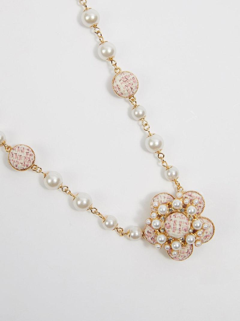 Tweed Flower Pearl Necklace