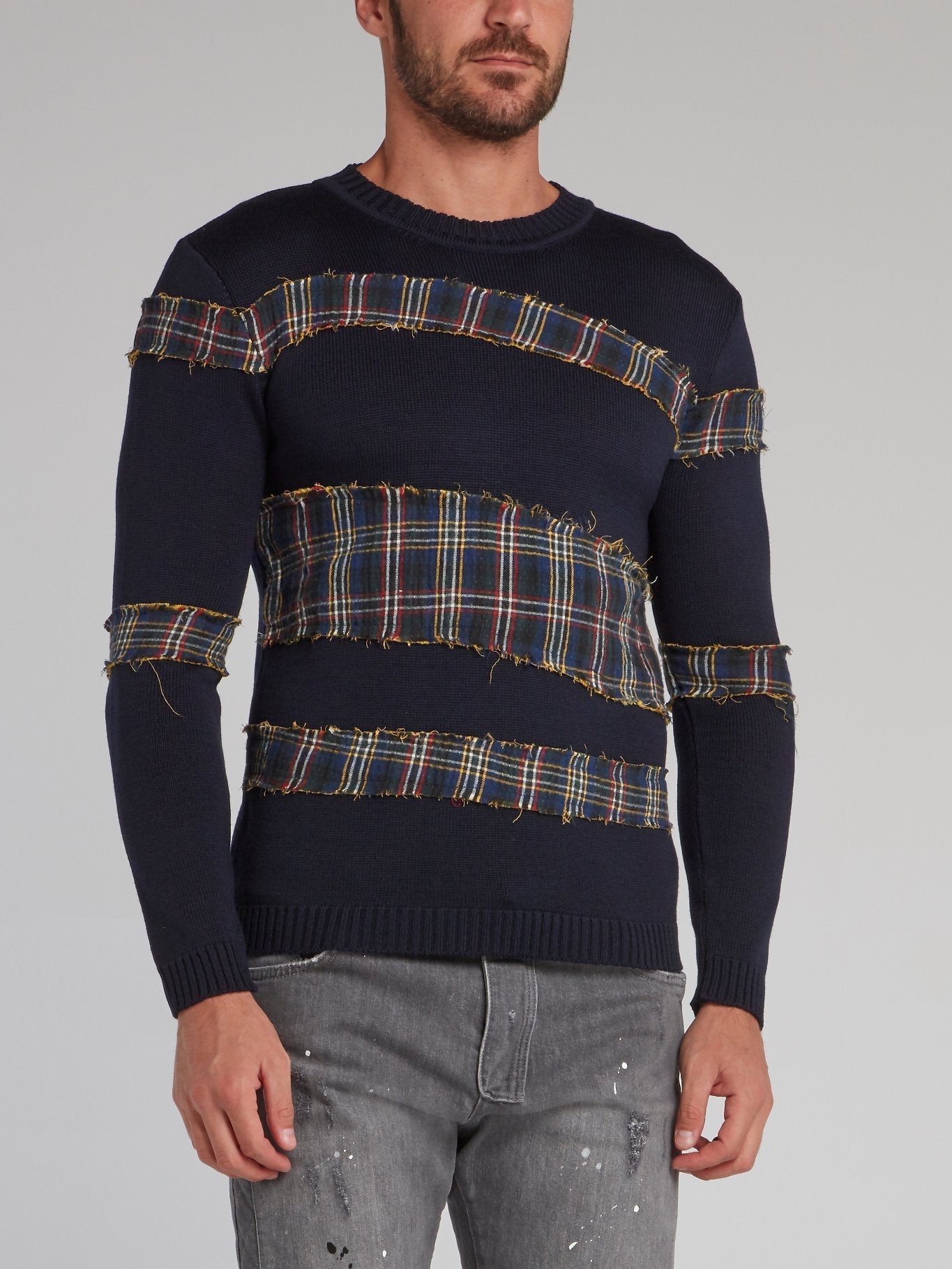 Shane Navy Check Panel Pullover