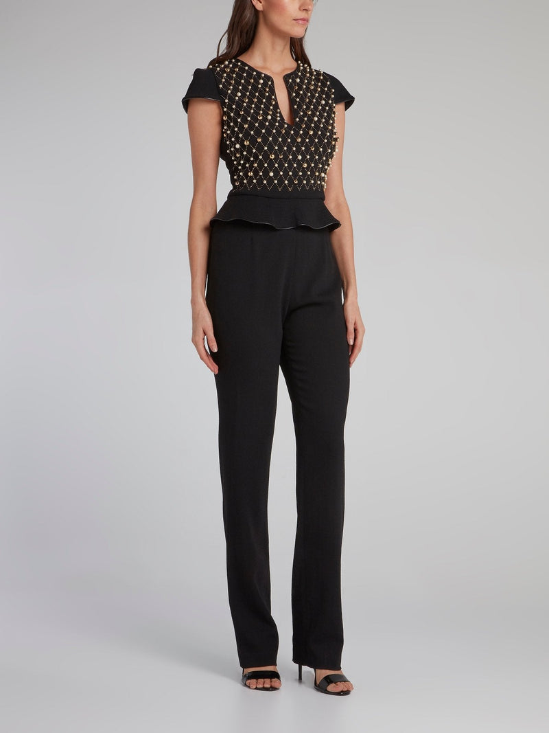 Black Pearl Embellished Peplum Jumpsuit