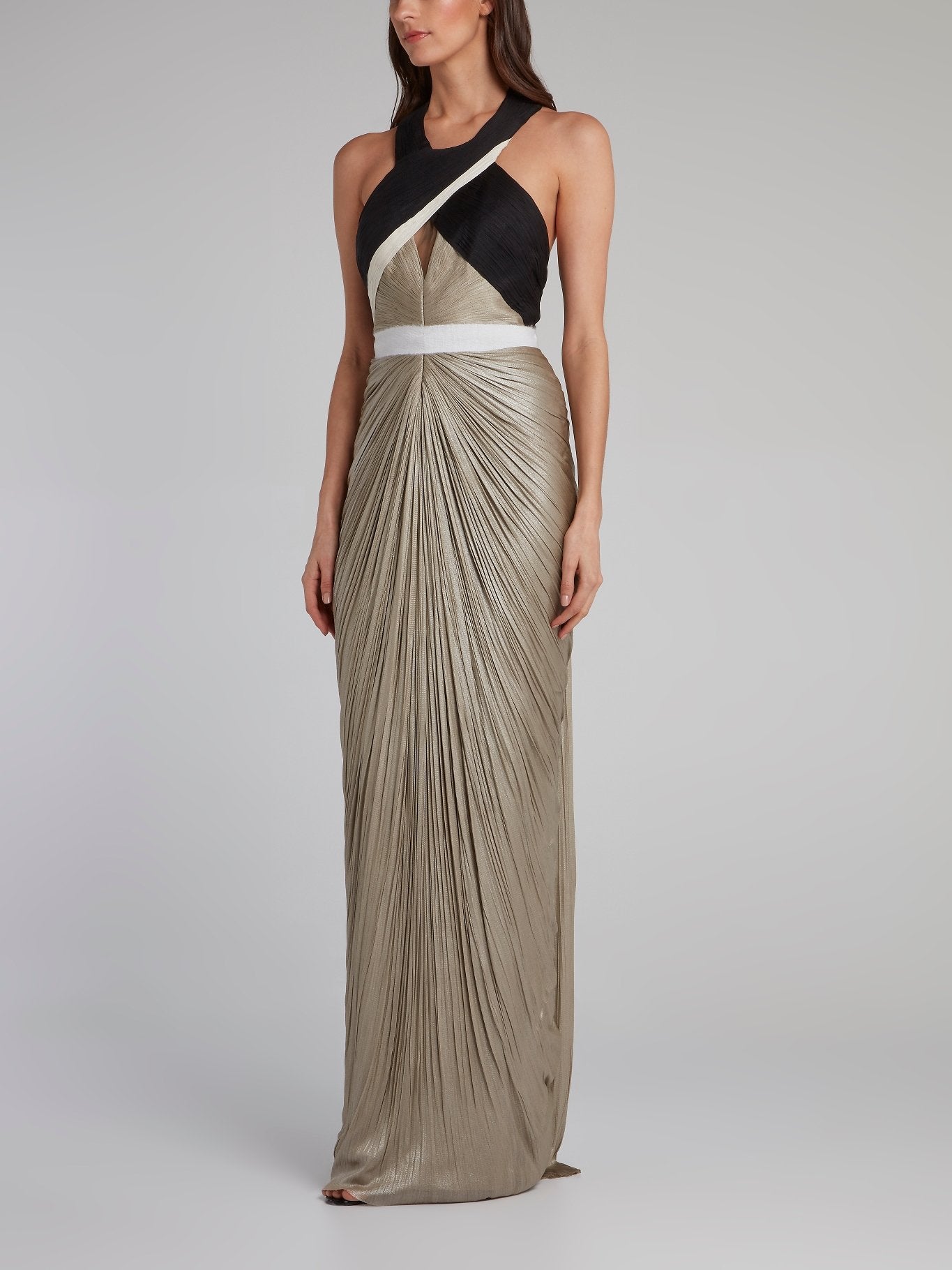 Metallic Ruched Halter Maxi Dress