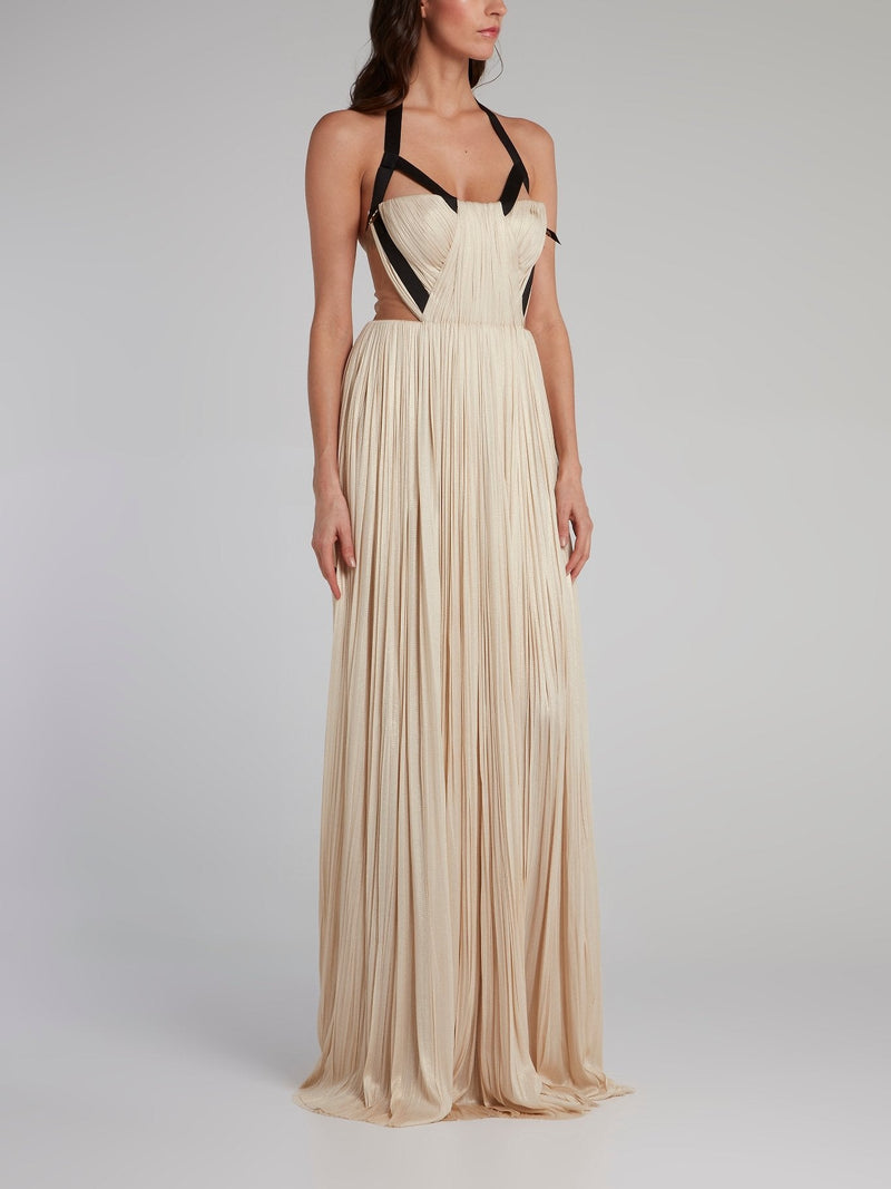 Beige Halter Neck Pleated Maxi Dress