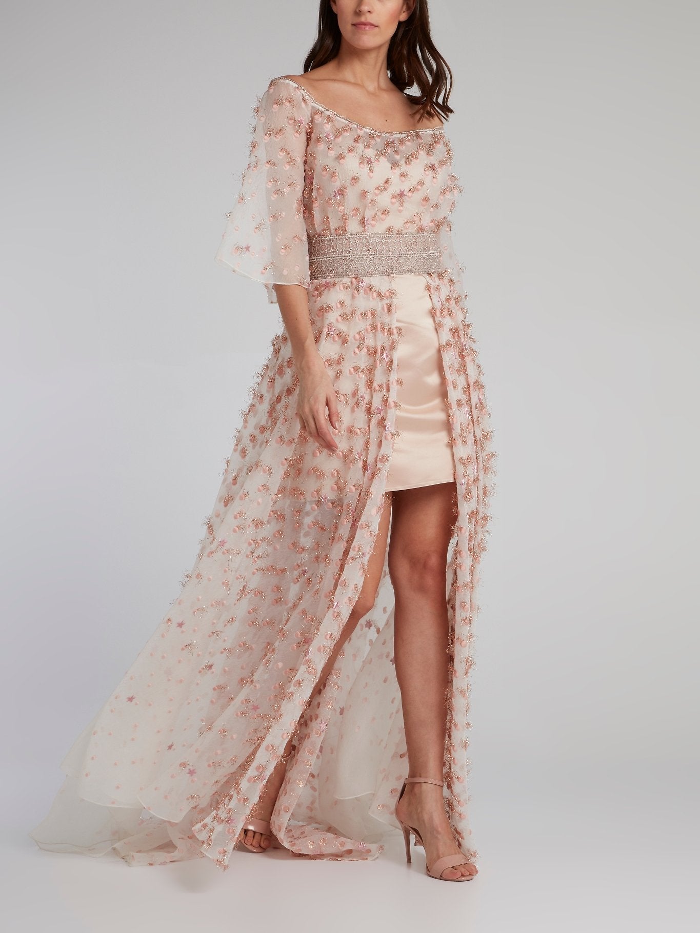 Pink Off-The-Shoulder Embellished Overlay Dress