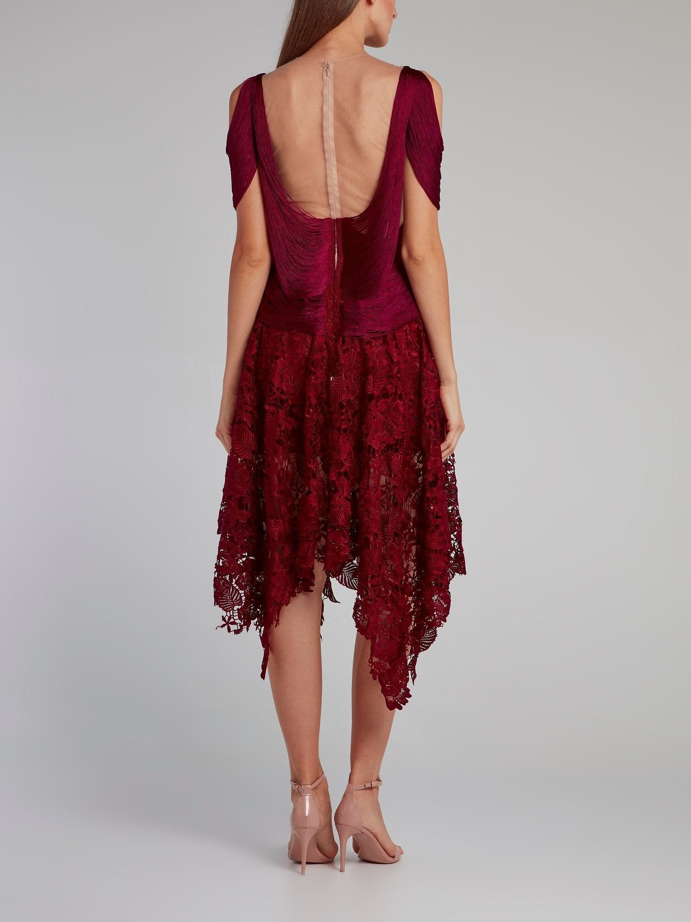 Burgundy Tassel Bodice Lace Midi Dress