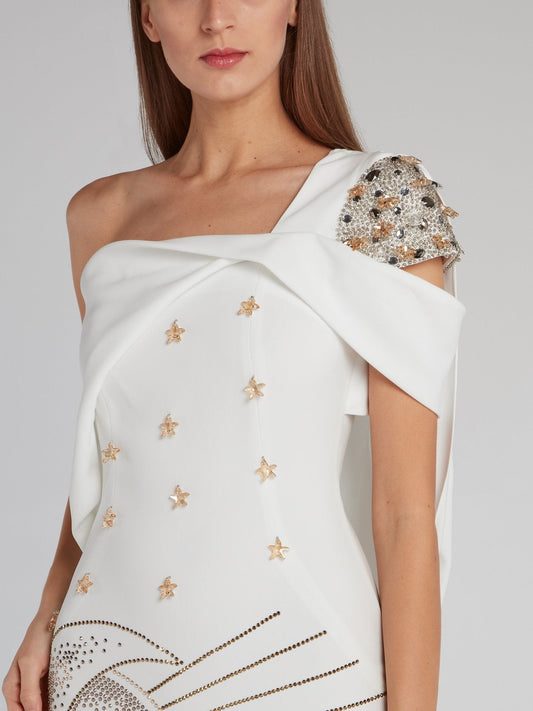 White One-Shoulder Multi-Stud Gown