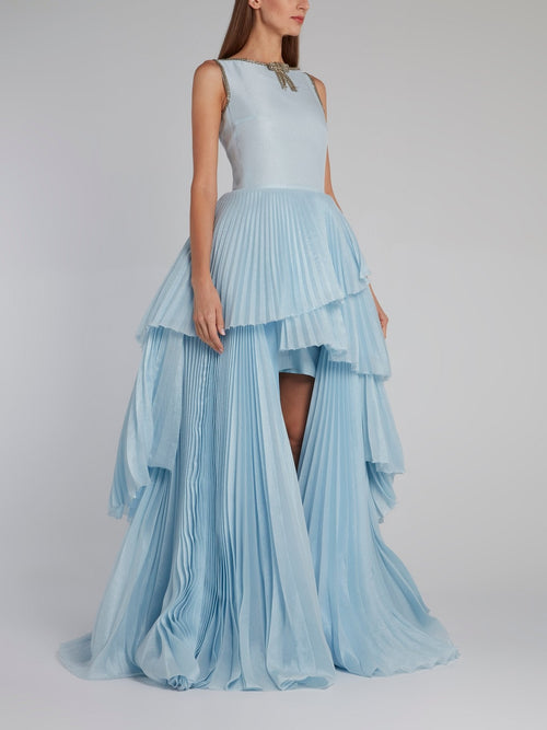 Blue Asymmetric Pleated Maxi Dress