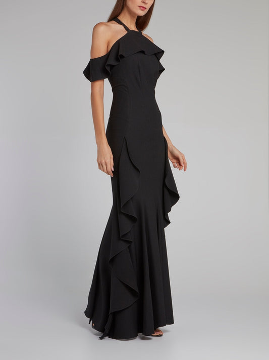 Black Halter Neck Ruffle Gown