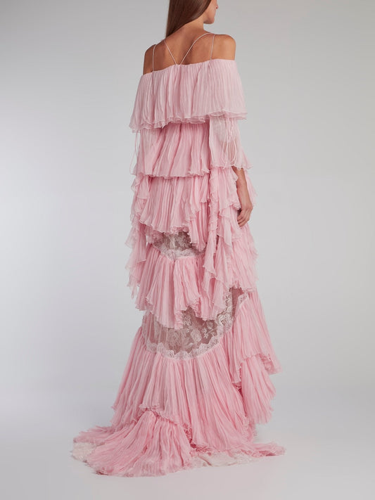 Pink Tiered Pleated Evening Dress