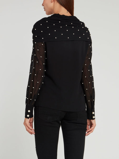 Pearl Embellished Black Ribbon Blouse