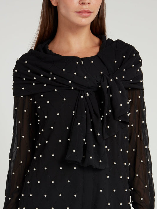 Pearl Embellished Black Ribbon Blouse