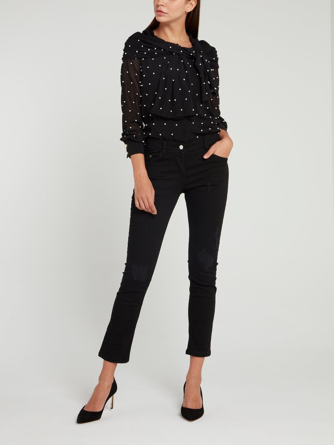 Pearl Embellished Black Ribbon Blouse