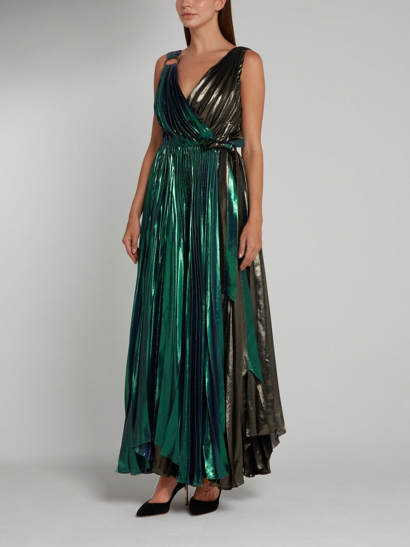 Metallic Accordion Pleat Maxi Dress