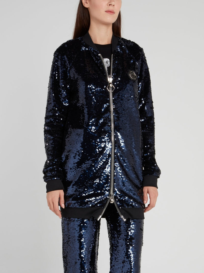 Navy Zip Up Sequin Jacket