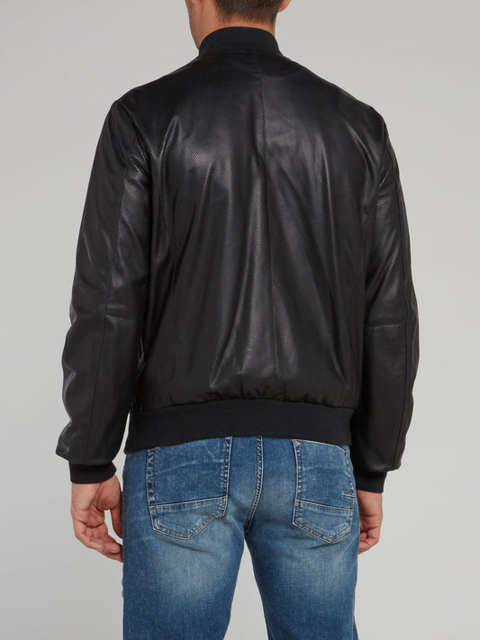 Black Perforated Leather Bomber Jacket