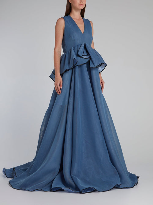 Blue Net Mesh Flounce Gown