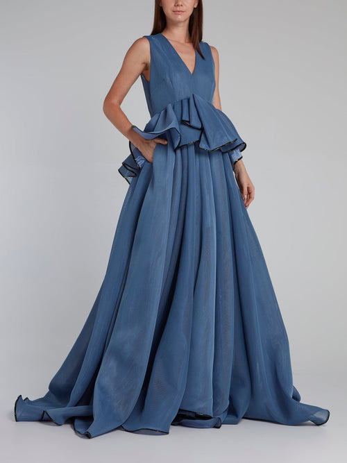 Blue Net Mesh Flounce Gown