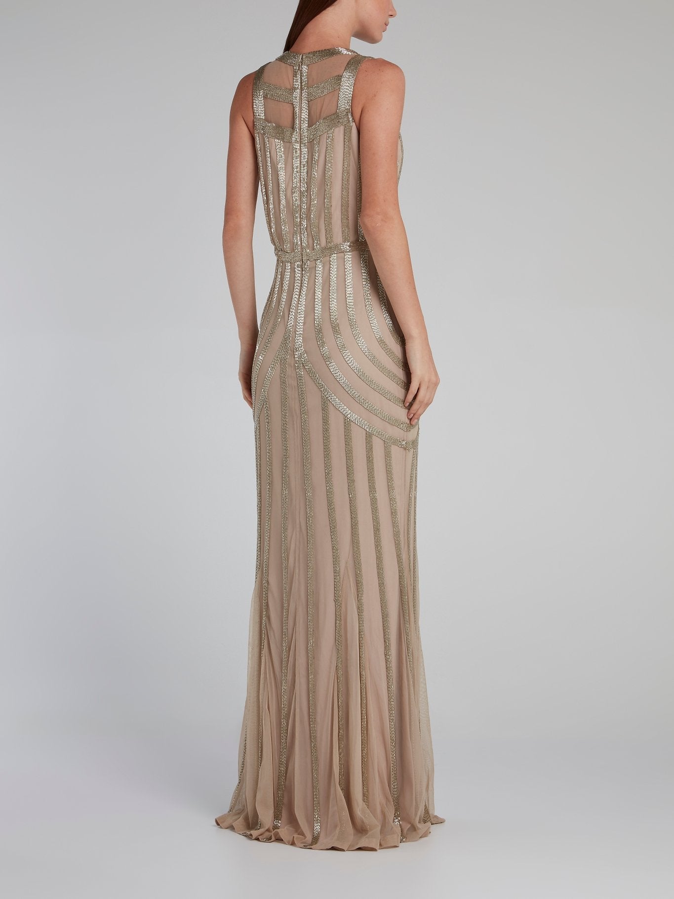 Brown Beaded Column Maxi Dress