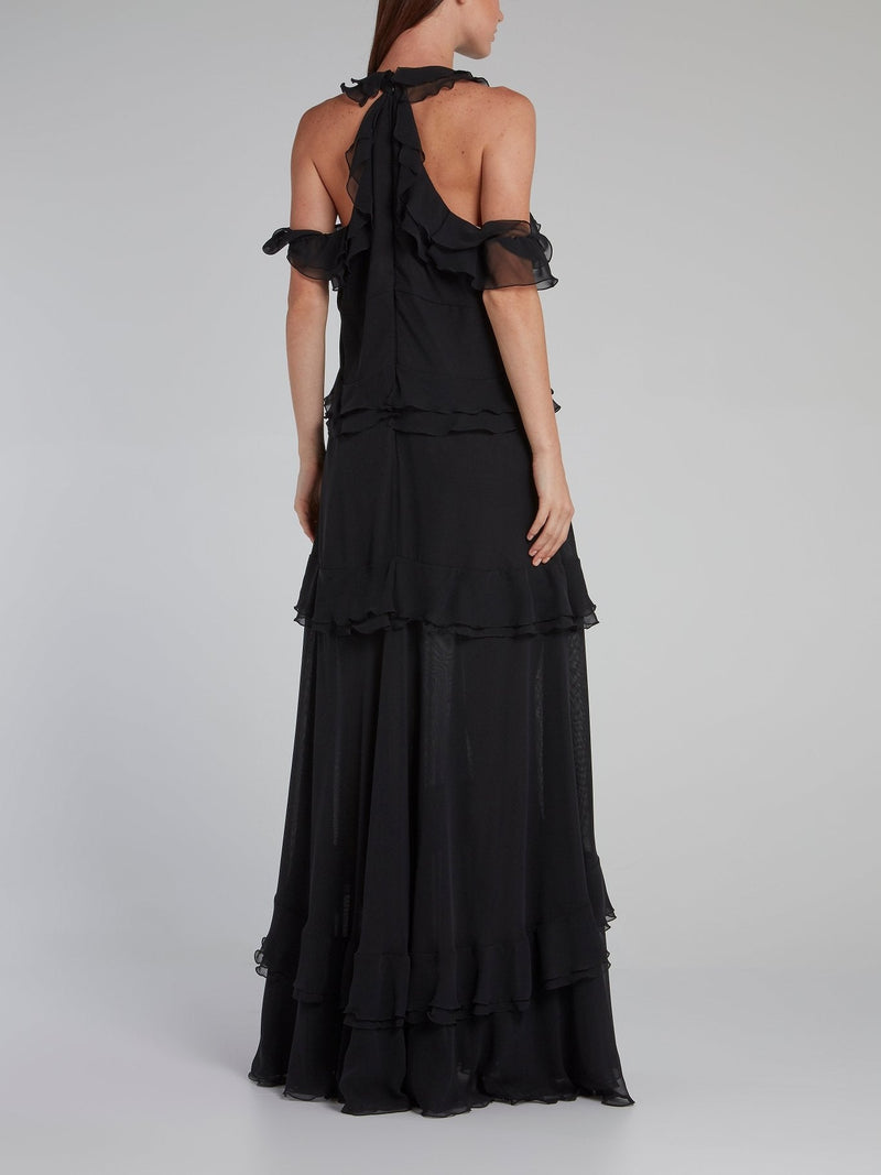 Black Drop Shoulder Tiered Ruffle Dress