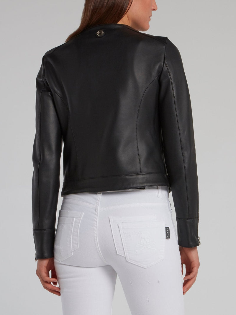 Black Zip Up Crewneck Leather Jacket