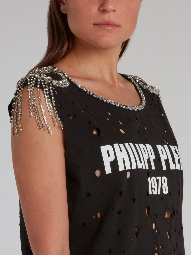 Black Crystal Embellished Ripped Top