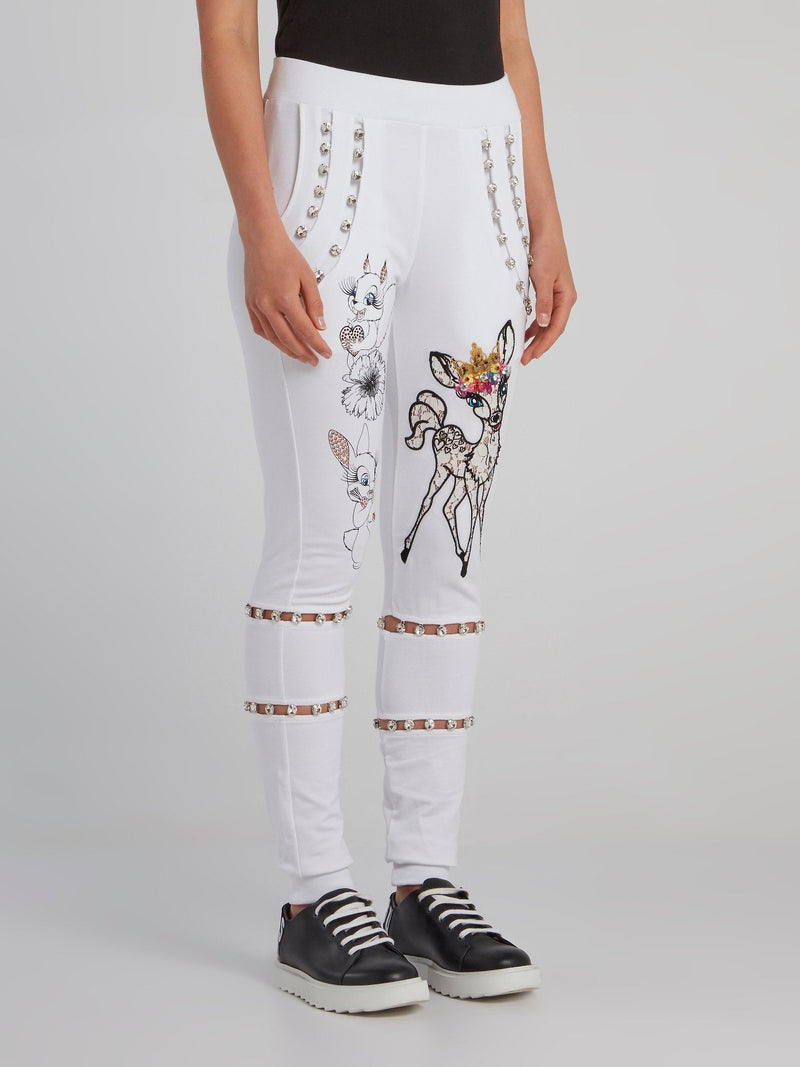 White Crystal Embellished Sweatpants