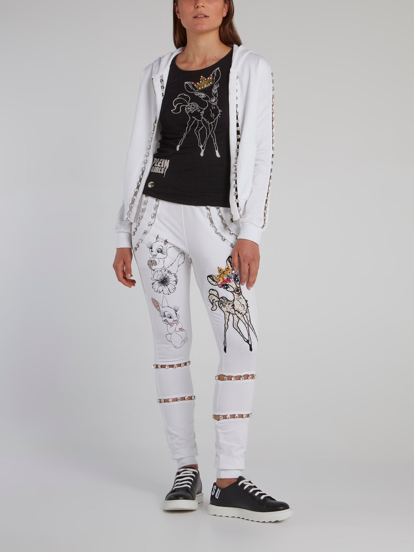 White Crystal Embellished Sweatpants