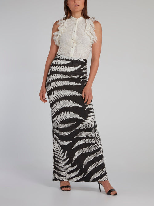 Leaf Print Rear Slit Column Skirt