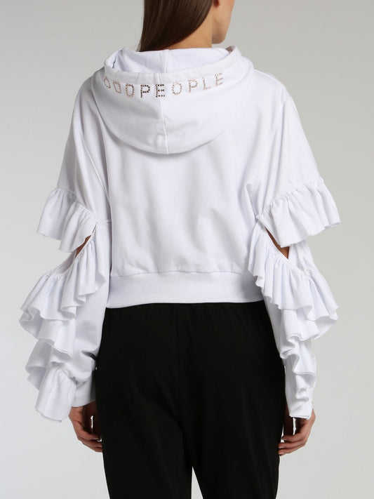 White Ruffle Sleeve Studded Hoodie