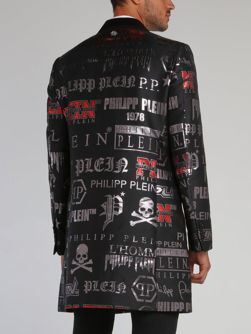 Black Statement Monogram Print Long Coat